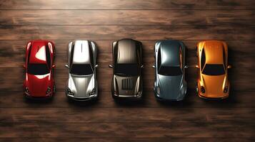 AI generated beautiful arrangement of miniature of five sport cars on table. Generative AI photo