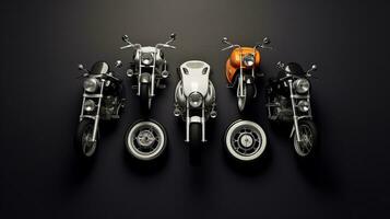 AI generated beautiful arrangement of miniature of five motorcycles on table. Generative AI photo