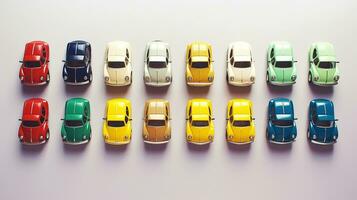 AI generated beautiful arrangement of miniature of cars on table. Generative AI photo