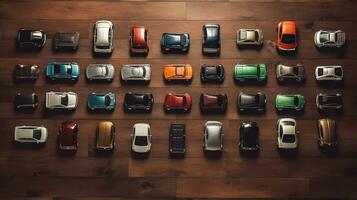 AI generated beautiful arrangement of miniature of cars on table. Generative AI photo