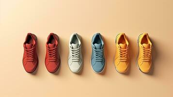 AI generated beautiful arrangement of four pairs of sneakers on table. Generative AI photo