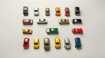 AI generated beautiful arrangement of miniature of cars on table. Generative AI photo