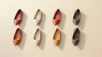 AI generated beautiful arrangement of four pairs of flat shoes on table. Generative AI photo