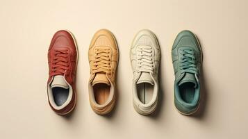 AI generated beautiful arrangement of four pairs of sneakers on table. Generative AI photo