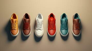 AI generated beautiful arrangement of four pairs of sneakers on table. Generative AI photo