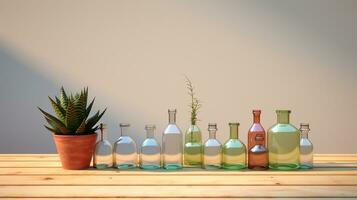 AI generated beautiful arrangement of drinking bottles next to succulent on table. Generative AI photo