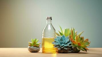 AI generated beautiful arrangement of drinking bottles next to succulent on table. Generative AI photo