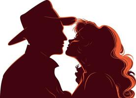 vector illustration of a loving couple in dark red silhouette.