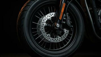 AI generated a close-up shot of a harley-davidson sportster's front wheel and tire tread. Generative AI photo