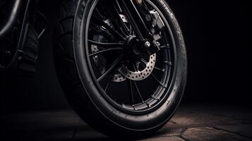 AI generated a close-up shot of a harley-davidson sportster's front wheel and tire tread. Generative AI photo