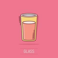 Juice glass icon in comic style. Soda glass vector cartoon illustration pictogram. Liquid water business concept splash effect.