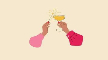 animation fête de le Nouveau an. mains tenir Champagne et sparklers.vidéo plat dessin animé animation conception élément. 4k vidéo images, alpha canal video