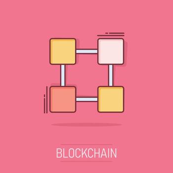 Vector cartoon blockchain technology icon in comic style. Cryptography cube block concept illustration pictogram. Blockchain algorithm business splash effect concept.