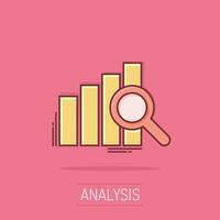 icono de previsión financiera de dibujos animados vectoriales en estilo cómico. Pictograma de ilustración de concepto de previsión financiera de análisis. diagrama con el concepto de efecto de salpicadura de negocio de lupa. vector