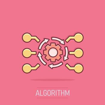 icono de software api de algoritmo de dibujos animados vectoriales en estilo cómico. engranaje con pictograma de ilustración de concepto de flecha. concepto de efecto de salpicadura de negocio de algoritmo. vector