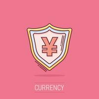 Vector cartoon yen, yuan shield money currency icon in comic style. Yen coin protection concept illustration pictogram. Asia money business splash effect concept.