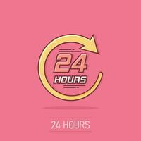 Vector cartoon twenty four hour clock icon in comic style. 24 7 service time concept illustration pictogram. Around the clock business splash effect concept.