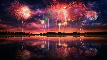 AI generated capture the reflection of fireworks on the surface of a calm body of water. Generative AI photo