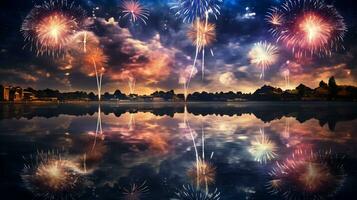 AI generated capture the reflection of fireworks on the surface of a calm body of water. Generative AI photo