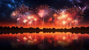 AI generated capture the reflection of fireworks on the surface of a calm body of water. Generative AI photo