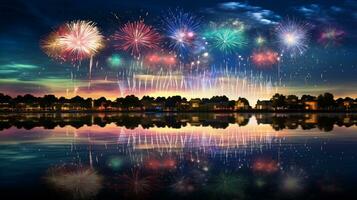 ai generado capturar el reflexión de fuegos artificiales en el superficie de un calma cuerpo de agua. generativo ai foto