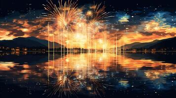 AI generated capture the reflection of fireworks on the surface of a calm body of water. Generative AI photo