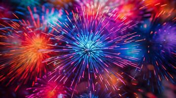 AI generated photograph a close-up of the details of fireworks just as they explode. Generative AI photo