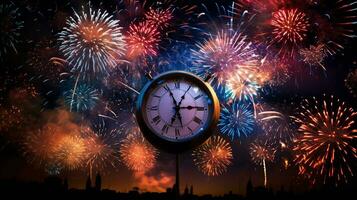 AI generated photograph a stunning display of fireworks lighting up the night sky as the clock strikes midnight on new year's eve. Generative AI photo