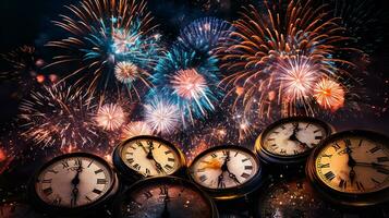 AI generated photograph a stunning display of fireworks lighting up the night sky as the clock strikes midnight on new year's eve. Generative AI photo
