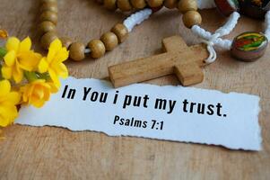 In You I put my trust text on torn paper. Christian bible verse concept photo
