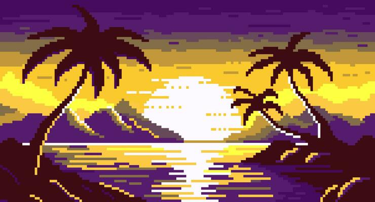 Dawn on pixel island with palm trees background. Colorful purple 8bit sea with waves and yellow sun setting behind mountains and clouds in 80s retrowave vector style