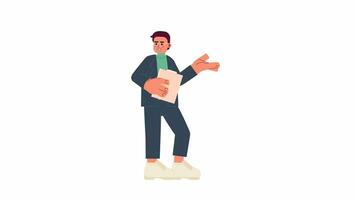 Glasses male lawyer pointing hand 2D character animation. Real estate broker holding papers flat cartoon 4K video, transparent alpha channel. Asian man professional animated person on white background video