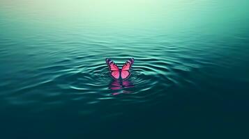 AI generated Pink colored butterfly on surface of water. Concept of butterfly effect. photo