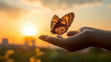 AI generated Butterfly on the hand of a woman during sunset photo