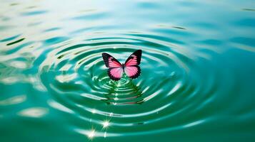 AI generated Pink colored butterfly on surface of water. Concept of butterfly effect. photo