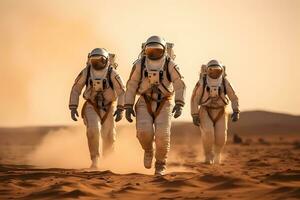 AI generated Adventure of three spacemen or astronauts on Mars. photo