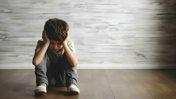 AI generated Sad little boy with mental trauma sitting on floor. photo