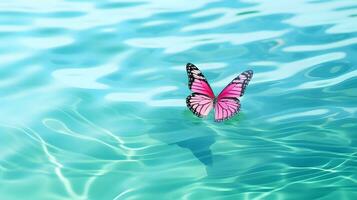AI generated Pink colored butterfly on surface of water. Concept of butterfly effect. photo
