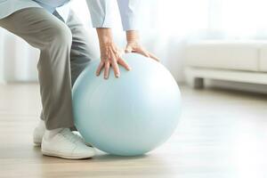 AI generated Caucasian senior doing exercise with a swiss ball at a gym photo