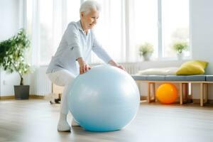 AI generated Senior Caucasian woman doing exercise with a swiss ball at a gym photo