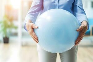 AI generated Caucasian senior doing exercise with a swiss ball at a gym photo