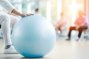 AI generated Caucasian senior doing exercise with a swiss ball at a gym photo