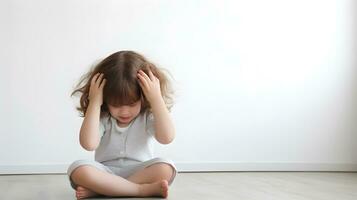 ai generado triste pequeño niña con mental trauma sentado en piso. foto