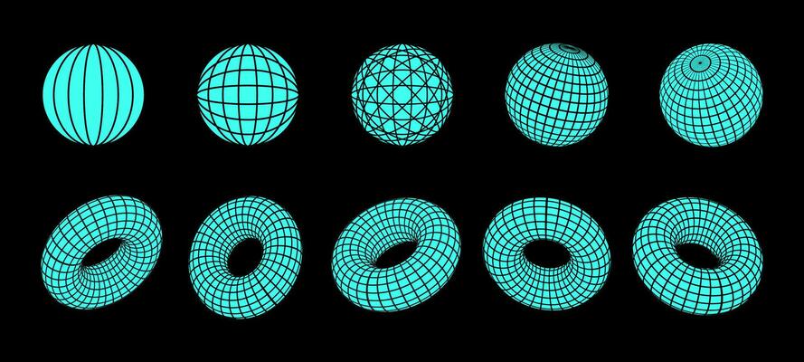 Set of 3d shapes and wireframe models, spheres and torus, Y2K techno futuristic and techno decorations. Vector illustration.