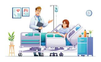 Doctor visits a sick woman lying on hospital bed. Patient hospitalization concept. Vector cartoon illustration