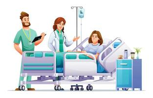 Doctor and nurse visit a sick woman lying on hospital bed. Patient hospitalization concept. Vector cartoon illustration