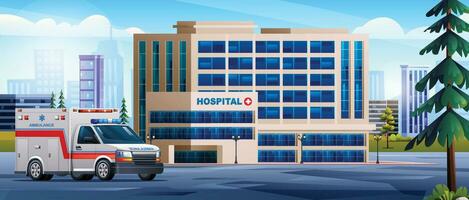 Public hospital building with ambulance car. Medical concept design background landscape illustration vector