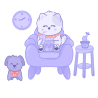 linda gato dibujos animados sentar en sofá comiendo popular cono y bebida de ilustración diario rutina concepto png