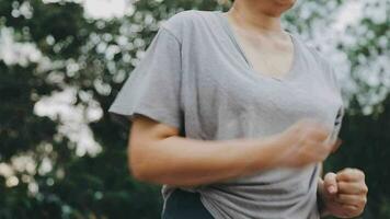 oefening en gezond concept, jong Aziatisch loper vrouw rennen in de park in sportkleding ochtend- tijd, selectief focus video