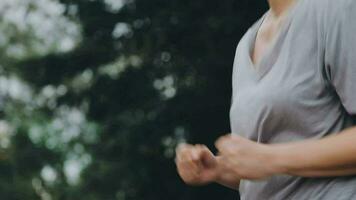 oefening en gezond concept, jong Aziatisch loper vrouw rennen in de park in sportkleding ochtend- tijd, selectief focus video